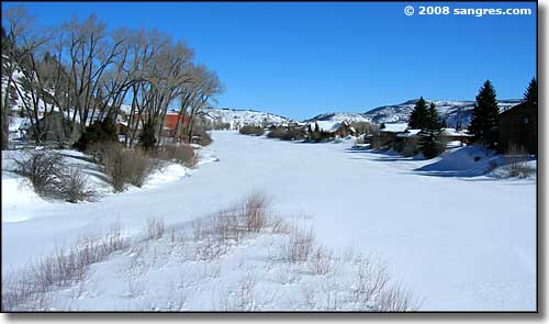 The frozen Rio Grande in South Fork, Colorado