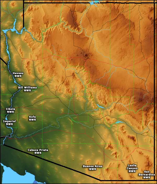 Locations of the National Wildlife Refuges in Arizona